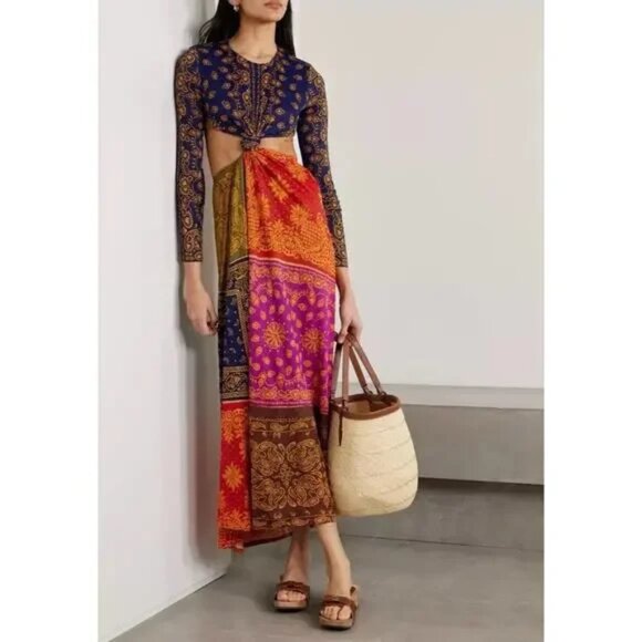 NEW FARM Rio Bandana Dream Multicolor Cut Out Maxi Dress Long Sleeve Boho M NWT - Picture 11 of 14